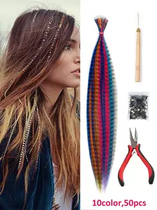 16 Inch Synthetic Feather Hair Extensions, 50 Pieces Colored Hair Piece for Women, 10 Mixed Colors, Stylish & Versatile