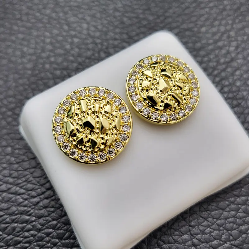 MaxBling81 Unisex Premium Gold Plated Brass Cubic Zirconia Stud Earrings - Golden Nugget Cookie Iced Decor, 10mm/14mm(14Mm (Diameter))/16mm/20mm Sizes, Daily Wear Fashion Costume Jewelry, Gold Plated Earrings