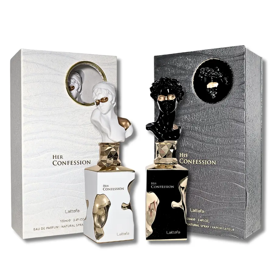 Lattafa His & Her Confession Eau de Parfum, 2-Pack Unisex Fragrance Gift Set, Long-Lasting Oriental Scent with Spicy Cinnamon and Woodsy Vanilla, 3.4 fl oz Liquid for Adults, Wood, Fragrance Sets, Amber Patchouli, Multi-Pack, Tuberose Cinnamon