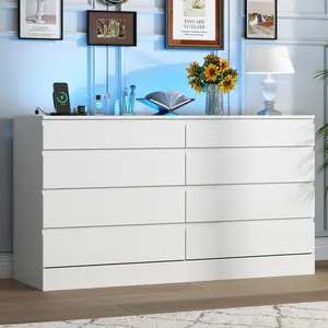 8 Drawer Dresser with Power Outlet and LED, White Dresser for Bedroom Chest of Drawer with Glass Top, Modern Double Wide Drawer Organizer Cabinet for Living Room