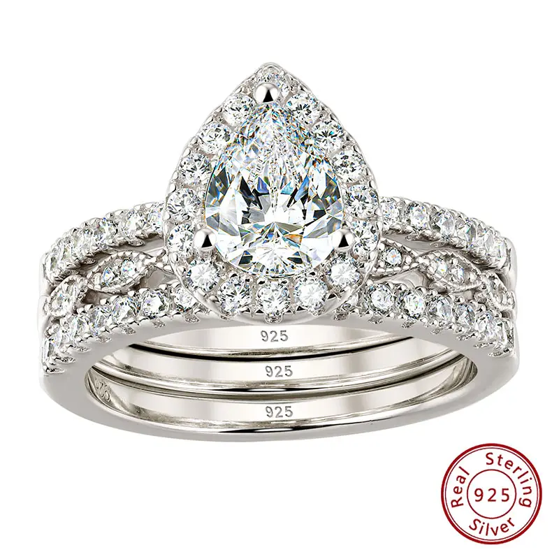 925 Sterling Silver Bridal Set for Women, 3-Piece 1.88ct Pear Cut AAAAA Zircon Engagement Ring with Stacking Eternity Bands for Wedding, Water Drop, Bridal Sets, Christmas, Office, Pear Shape, Daily, Anniversary, Prong, Wedding Ring Sets, 3Pcs/Set Rings