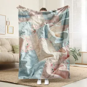 1 Comfortable Colorful Patchwork Floral Pattern Quilt, Flannel Blanket, Soft Printed Cooling Blanket, Suitable All Year Round, 100% Polyester Fiber, Perfect Gift For Family And Friends