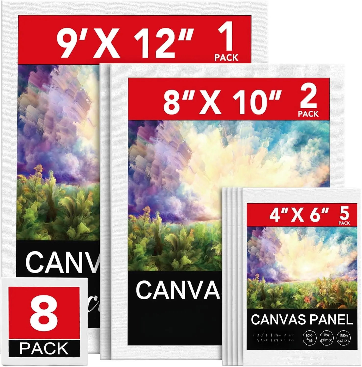 Canvases for Painting 8Pack Painting Canvas with 9x12,8x10,4x6,Canvas Panels for Oil ,Watercolor, ,Gouache and Tempera.