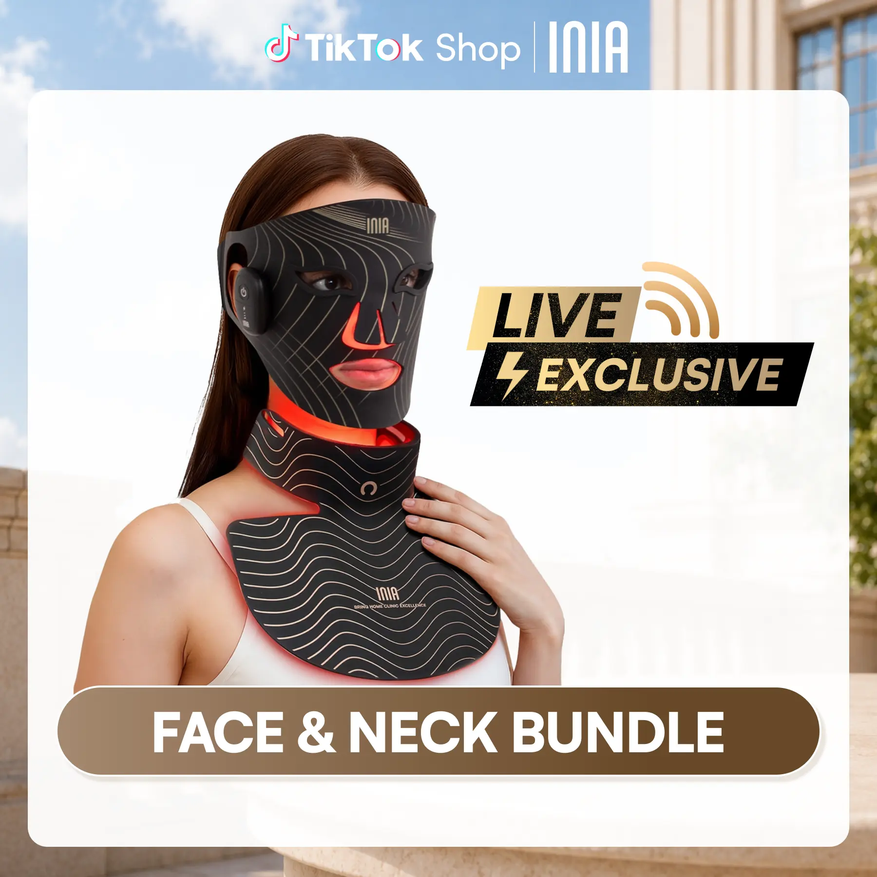 【LIVE EXCLUSIVE】INIA GLOW Wireless Red Light Face & Neck & Chest Mask Bundle – 630nm & 850nm Red Light Therapy Mask Devices | Skincare Set for Lifting, Firming & Radiant Glow at Home, Rechargeable & Portable with 2-Year Warranty