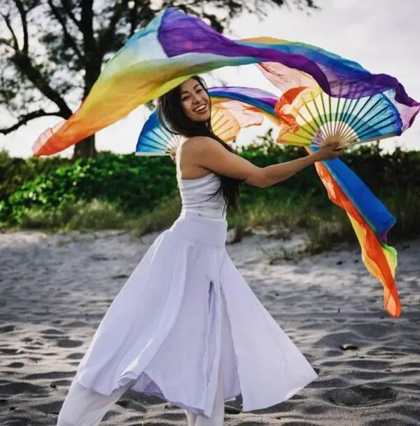 MOODHOOPS Rainbow Fans for Dance & Gymnastics 100% Silk 22x11 Inch Wooden Base with Drawstring Pouch Hand-Dyed Unique Colors Portable Folding Fan Decor
