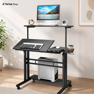 Mobile Standing Desk, Adjustable Rolling Computer Desk with 3 Desktops, Portable Laptop Table with Cup Holder, Home Office Laptop Workstation on Lockable Wheels summerwins