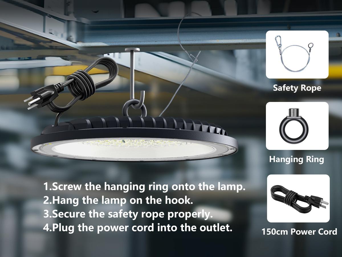 300W UFO LED High Bay Light Commercial Industrial Lighting for Warehouses and Retail Spaces 45,000 Lumens, Includes US Standard Plug and Suspension Chain, 6000K Daylight Color Temperature, Safe and Efficient