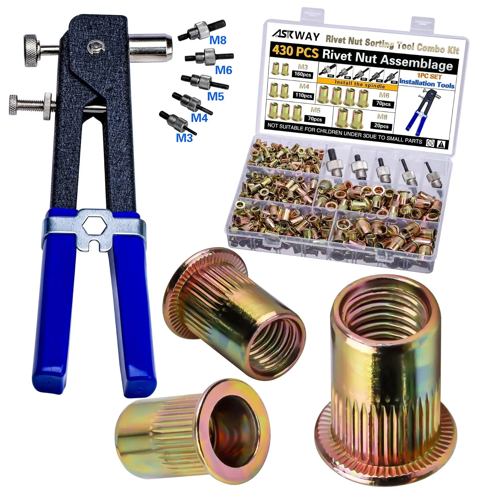 Pressure Rivet Nut Tool Kit, 430Pcs Metric Rivet Nut Combination (M8/M6/M5/M4/M3), Suitable for Furniture, Decoration, Automotive, Marine and Industrial Applications-FJY