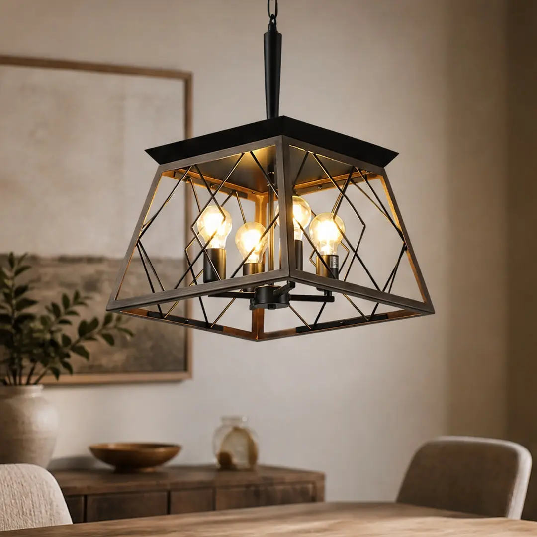 ARCH 16-Inch All-Black Industrial 4-Light Metal Cage Pendant Chandelier, Adjustable Height Iron Candle Light Fixture (15.70" w x 15.70" d x 20.30" h, 8.40 lb) for Dining Room, Kitchen (No Bulbs Included, Multiple Color Options), Rustic, Indoor, Hanging