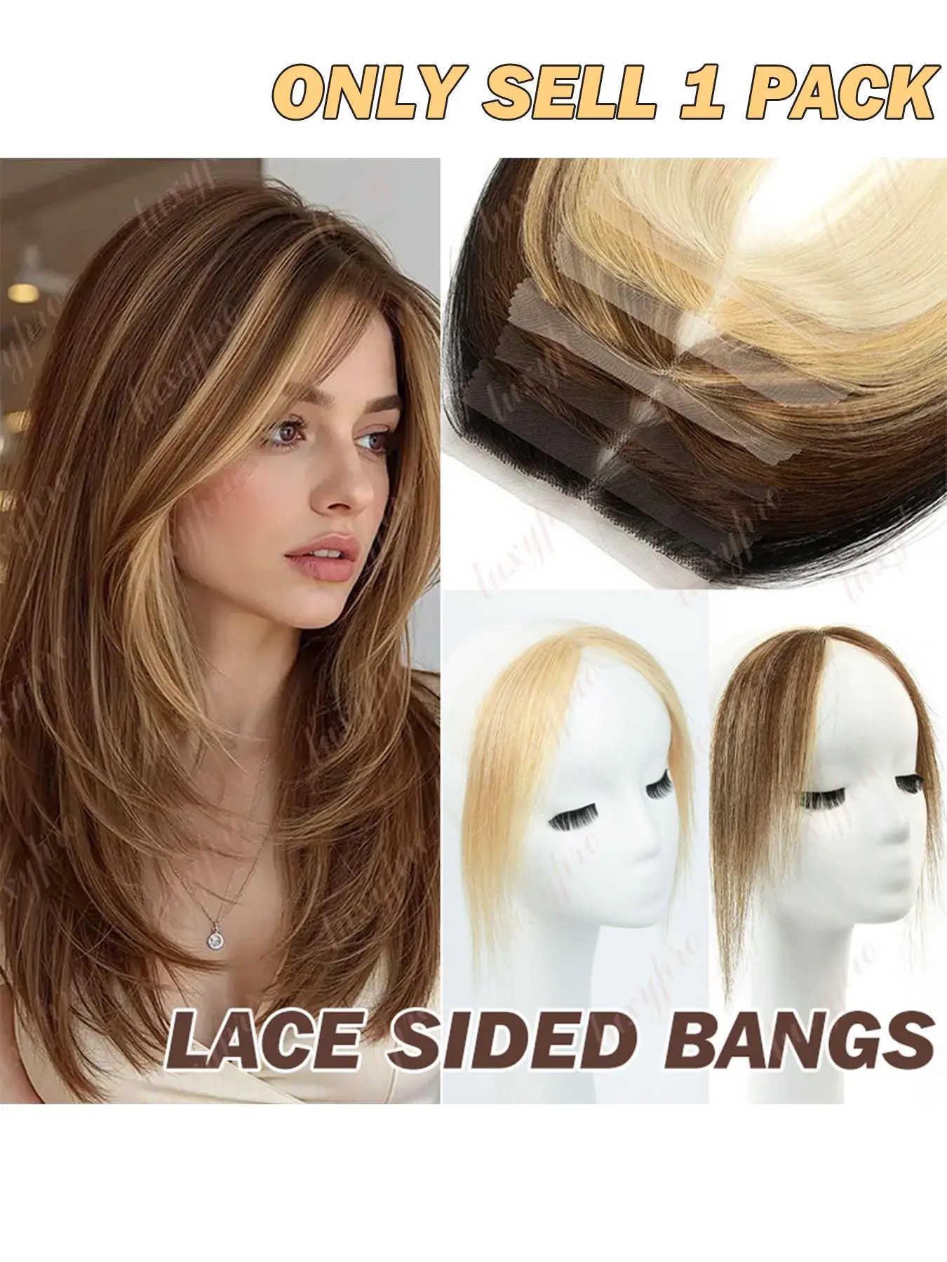 Lace Premium Human Hair Sided Bangs, Natural Straight Hair Bangs Hair Pieces, Available in Black, Brown, Blonde, Full Lace Frontal Hairline for Natural Hair Replacement, Hair Toppers for Women, DIY Hairstyles, Natural Looking Hair, Hairpieces