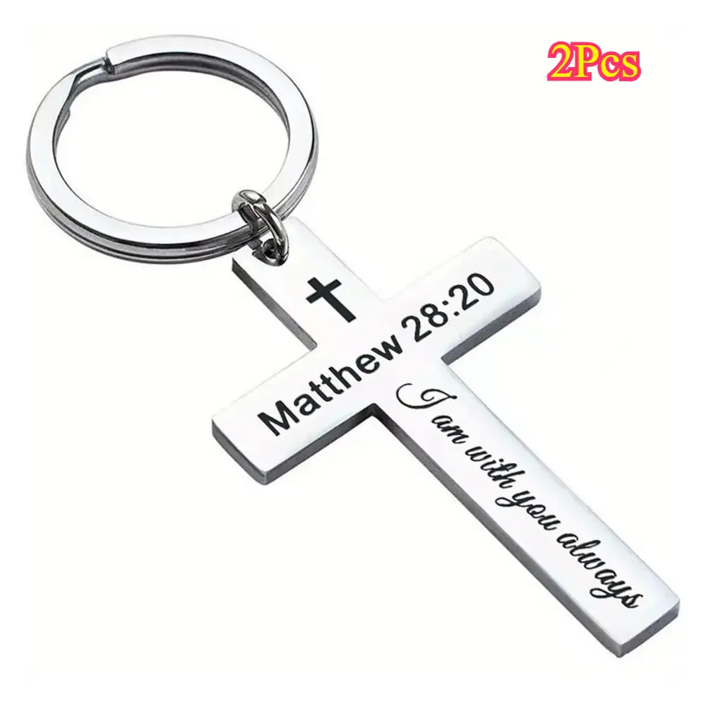 2Pcs Stainless Steel Cross Keychains - Engraved Matching EDC Chain with Scripture Proverbs Design, Faith-Inspired Birthday/Anniversary Gift, Decorative Luggage Charm & Collar Accessory, Collars