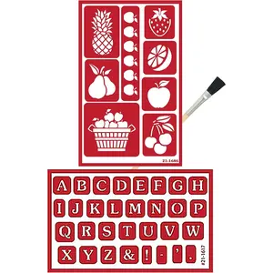 2 Reusable Glass Etching Stencils Fruit and Alphabet Food Theme Self Stick Etch Template Set with Brush