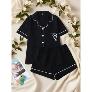 Women's All Over Print Shortsleeve Loungewear Co-ord Set, Comfort Contrast Binding Lapel Collar Pocket Top & Shorts PJ Set, Back-to-School Clothing,?Summer Clothes Women, Womenswear, Sleepwear Homewear Clothing, Birthday GiftsGift1