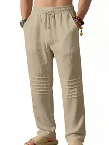 Men's Linen Pants with Drawstring Waist, Multi-Color Options, Loose Fit, Textured Pleats, Long Vacation Style, All Seasons
