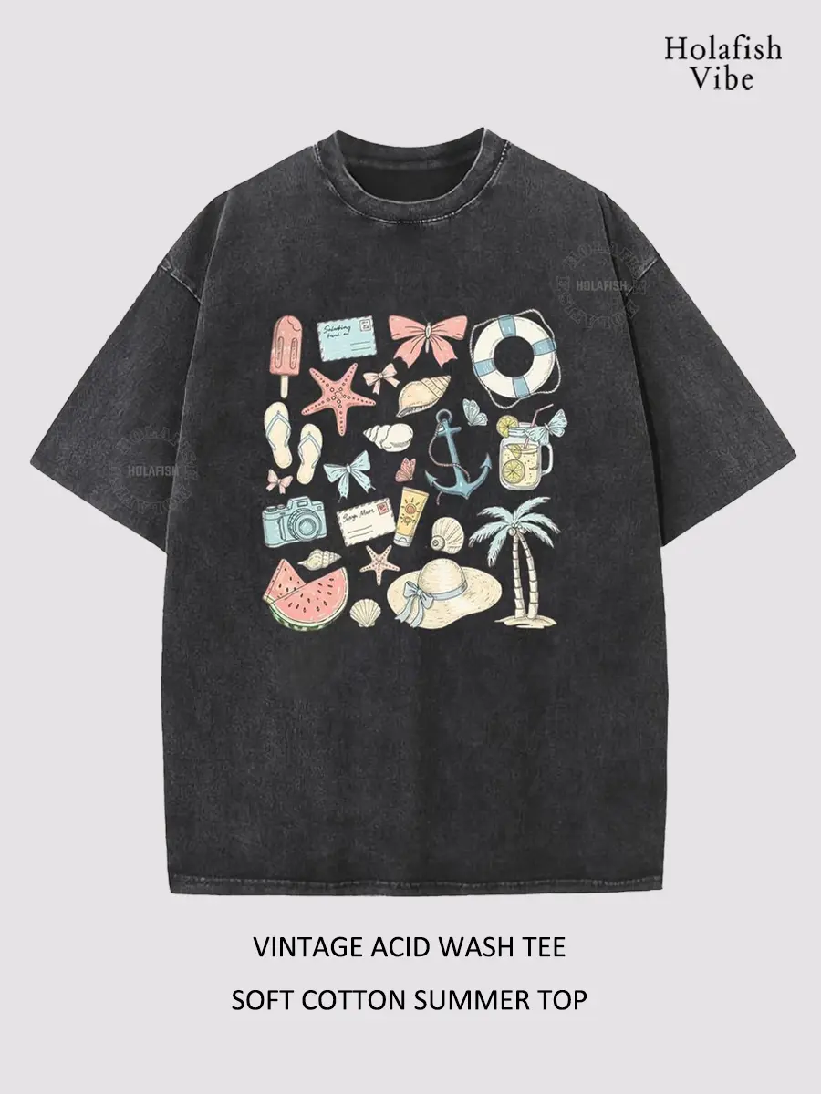 Holafish Women's Oversized Round Neck Acid Wash Short Sleeve Tee - Soft, Breathable, Comfortable Cotton, Cute Graphic Print, Essential Summer Staple for Everyday Casual Fit, Streetwear