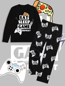 Men's Fashion Game Machine Print Set, Comfortable Drawstring Waist, Casual Long Sleeve & Pants, Perfect Daily Wear, Fall&winter