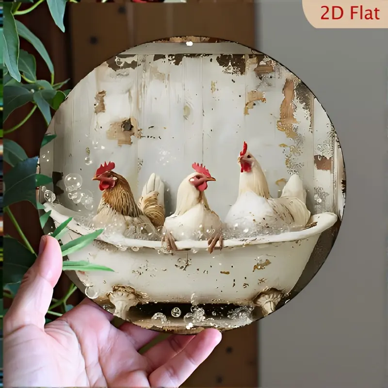 2D Flat Decorative Signs & Plaques 1pc 8x8inch(20x20cm) Round Aluminum Sign - Funny Chickens Bathroom Decor Sign - for Home & Room Decor - Unique Gift for Chicken Lovers