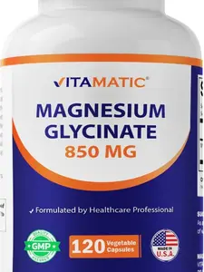 Vitamatic Magnesium Glycinate 850 mg High Potency Natural Daily Supplement - Supports Muscle, Nerve, Heart Health - 120 Veg Capsules, Non-GMO, Made in USA, Natural Supplements