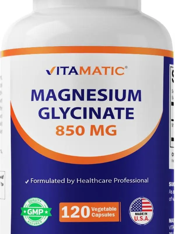 Vitamatic Magnesium Glycinate 850 mg High Potency Veg Capsules - 120 Count, Non-GMO, Made in USA - Supports Muscle, Nerve, Bone Health for Daily Wellness
