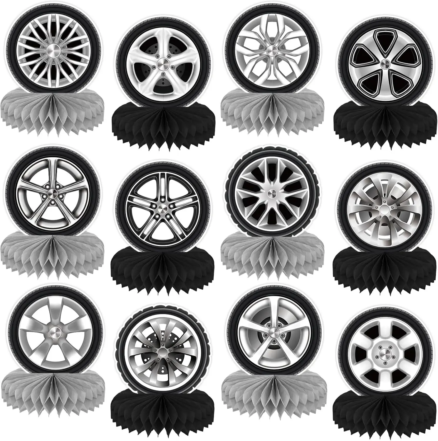 12Pcs Double-Sided Race Car Wheel Tire Centerpieces for Tables, Car Themed Birthday Party Decorations Supplies