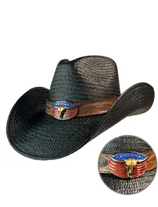Austin Handmade Black Straw Cowboy Hat Western Style with Leather Band Cowgirl Straw Hat for Country Concerts Soft Colombian Straw American Flag Concho