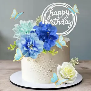 19pcs Floral Cake Tops with Butterfly Decorations, Artificial Blue Roses and Eucalyptus, Perfect for Birthdays, Parties, Weddings, Baby Showers, Flowers