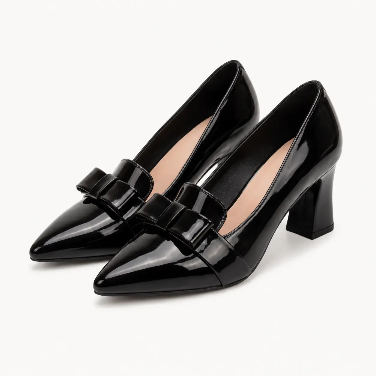 GeeYea women’s Black Patent Leather Bow Pumps, Pointed Toe Chunky Heel Dress Shoes, 7.5cm High Heels for Work, Date Night & Special Occasions