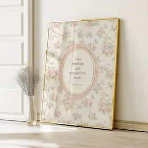 Cottagecore Christian Nursery Wall Art – This Pink Psalm 139 Poster Features the Verse "Fearfully and Wonderfully Made" in Vintage Style, Offering a Gentle and Uplifting Accent for Baby Rooms, Prayer Corners, or Feminine Interiors.