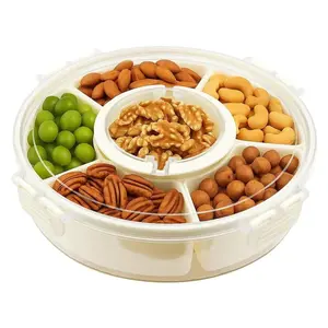 Snackle Box Container Divided Rotating Serving Tray with Lid and Handle, Portable for Fruits Snacks Veggie Charcuterie, Clear Snack Spinner Organizer and Fridge Storage Container for Trave and Picnic