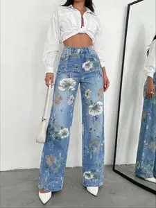 Women's All-Season Floral Fitted Jeans, Elegant Straight Leg Denim Jeans, Non-Elastic Casual Style, Perfect for Everyday Wear