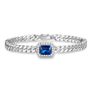FANCIME "Axis" Radiant Cut Sapphire Birthstone Sterling Silver Cuban Chain Link Bracelet