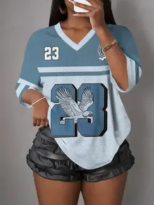 Y2K American Vintage Eagle 23 Number Light Blue Patchwork Mesh Jersey Women's Loose V Neck Breathable Sports Top Sport T-Shirt, Hip Hop Streetwear Top