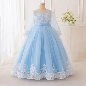 7-12Y Light Blue Kids Clothes Flower Girls Princess Long Ball Gown Frock Embroidery Lace Mesh Ball Gown Children Formal Evening Party Banquet Pageant Prom Host Cocktail Dress