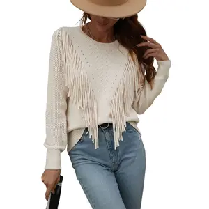 Women's Casual Crewneck Knitted Sweater | Fringe Tassel Detail Pullover Jumper - Perfect for Daily Outfits & Coffee Dates