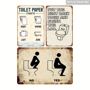 3pcs Retro Toilet Reminder Bathroom Metal Signs |   Funny Poster Signs 8x12 Inch - Suitable for Bathroom, Living Room, Bedroom  Decor, Vintage Style,  Hanging wall