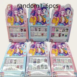 12-piece/box children's kpop cartoon nail stickers, colorful artificial false nails, suitable for cute little girls, full-coverage short and long nail sets, Glittering Fake Nails