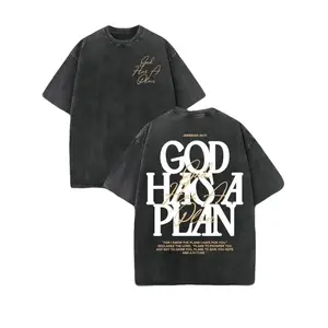 Men's Vintage Washed 230gsm Heavyweight Christian "God Has a Plan" Double-Sided Print Short-Sleeve Cotton T-Shirt, Unisex Wide-Shoulder Oversized Round Neck Casual Fashion Top (Menswear Streetwear), Shortsleeve, Tops