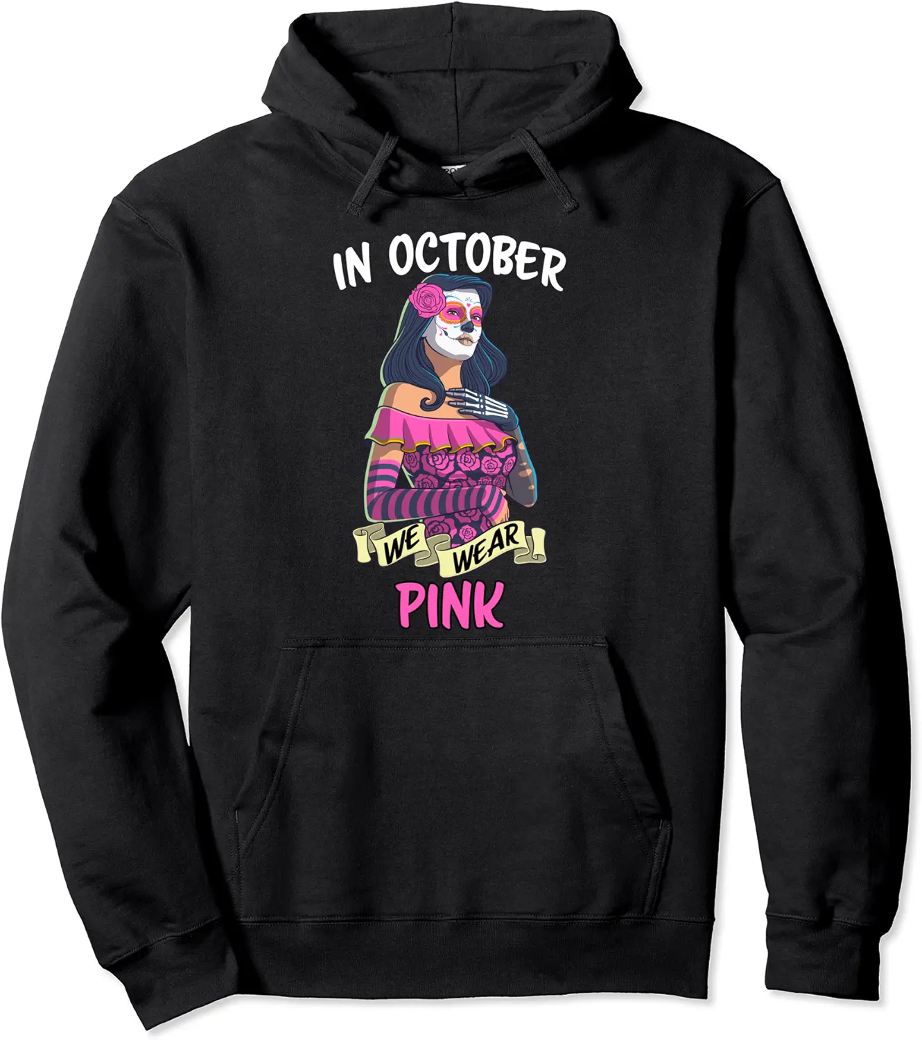 In October We Wear Pink Breast Cancer Awareness Sugar Skull Pullover Hoodie - Emilyschwe Shop 44B0BRQVG8CH