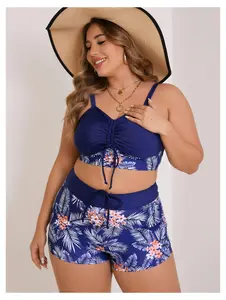 Women's Bikini Blue Tropical Print Swimsuit - Tie Front Patchwork Beach Cover Up - Drawstring Resort Wear - Casual Summer Swimsuit for Women