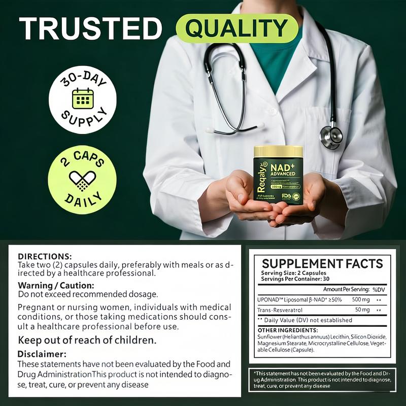 Reqaky NAD+ Advanced Nutritional Supplement 500mg High-Concentration Formula 60 Capsules 30-Day Supply Boosts Energy Repairs Cells Supports Healthy Anti-Aging for Skin and Energy