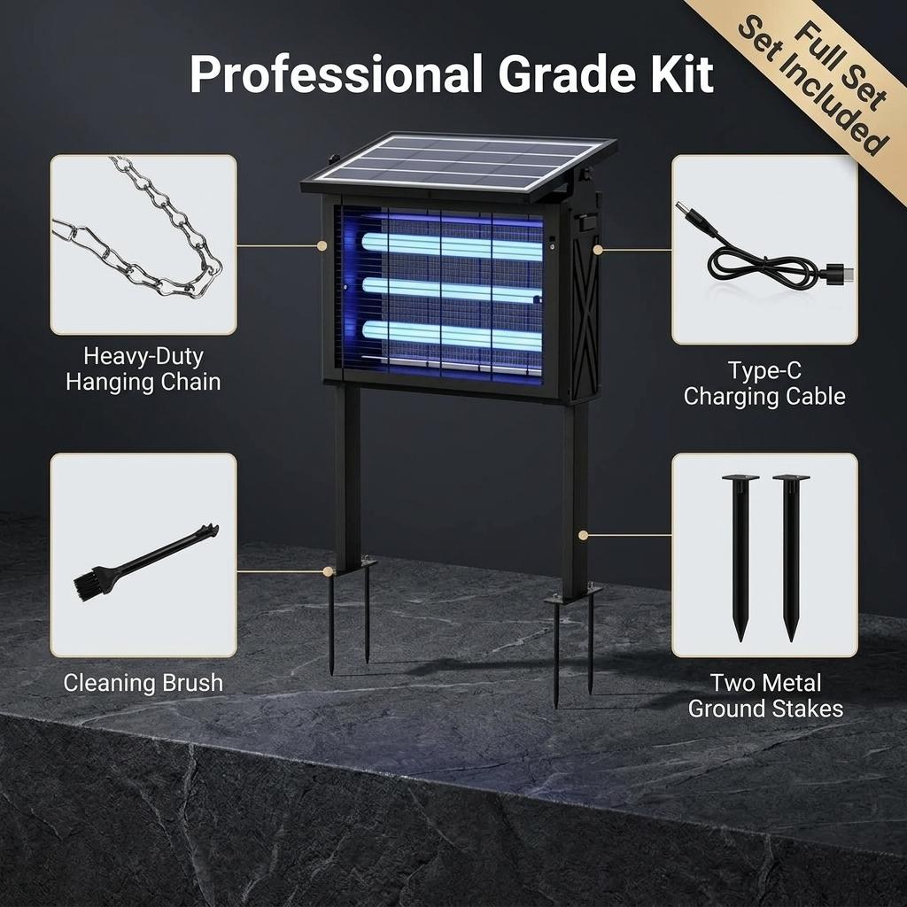 Dual Mount Bug Eliminator Solar Powered Fly Zapper 4500V Electric Shock 3 UV LED Lights 2000 Sq Ft Wide Coverage Portable Ground Spike Hanging Insect Catcher for Lawn Camper Pool Yard