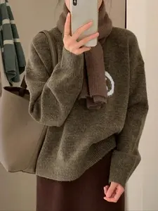 Autumn Winter Olive Plain Crew Neck Long Sleeve Sweater, Women's Casual Pullover Knit Top for Everyday Wear