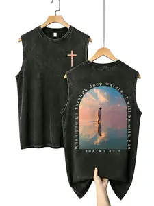 Unisex Oversized Vintage Christian Sleeveless Tank Top - Isaiah 43:2, Soft Cotton Blend, Cross Print, Jesus Walking on Water Design, Beach Apparel, Relaxed Fit for Everyday Wear