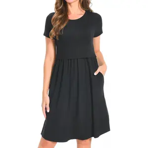 Women's Short Sleeves Maternity Dress Nursing Breastfeeding Dresses with Pockets