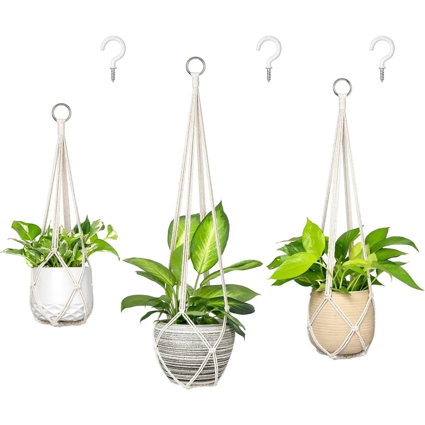 Beige Macrame Hanging Planter Basket Set of 3 with Hooks & Rings - Handmade Cotton Rope Holders (35in/29in/23in, No Tassels) for Boho Home Decor, Easy Installation Hanging Baskets with Boho Element