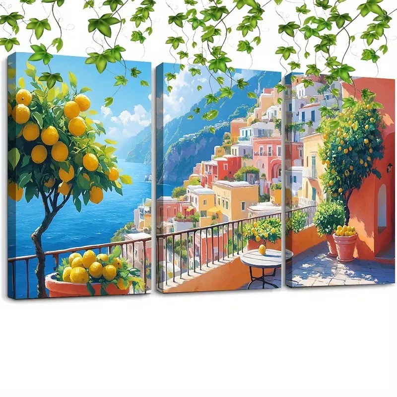 3pcs Artistic Framed Lemon Tree Prints, Watercolor Travel Posters - Amalfi Coast Positano Canvas Wall Art for Home Decoration, Dining & Living Room, 12*8Inch(30*20Cm)