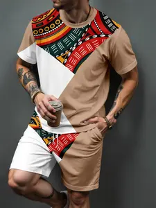 Men's 2 Piece Summer Outfits Menswear African Tribal Graphic Geometric Print Color Block Short Sleeve T‑Shirts Drawstring Casual Shorts Set