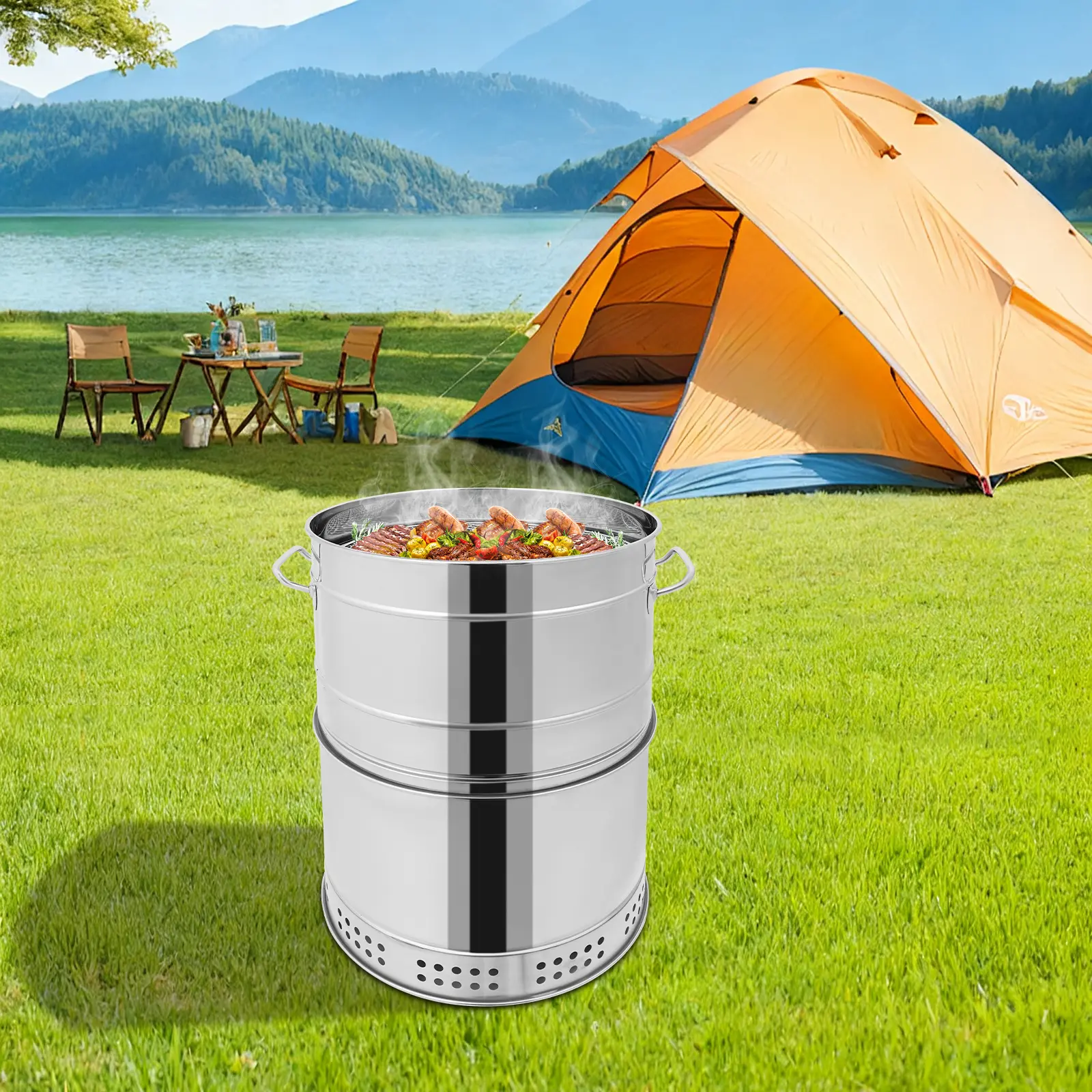 Stainless Steel BBQ Grill 41x66cm, 50 Skewers Outdoor Charcoal Barbecue Pit with Lid & Accessories, Portable Camping Party Fire Pit