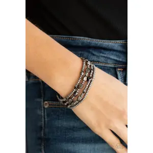 Fashionably Faceted - Black Gunmetal Seed Bead Stretchy Bracelets
