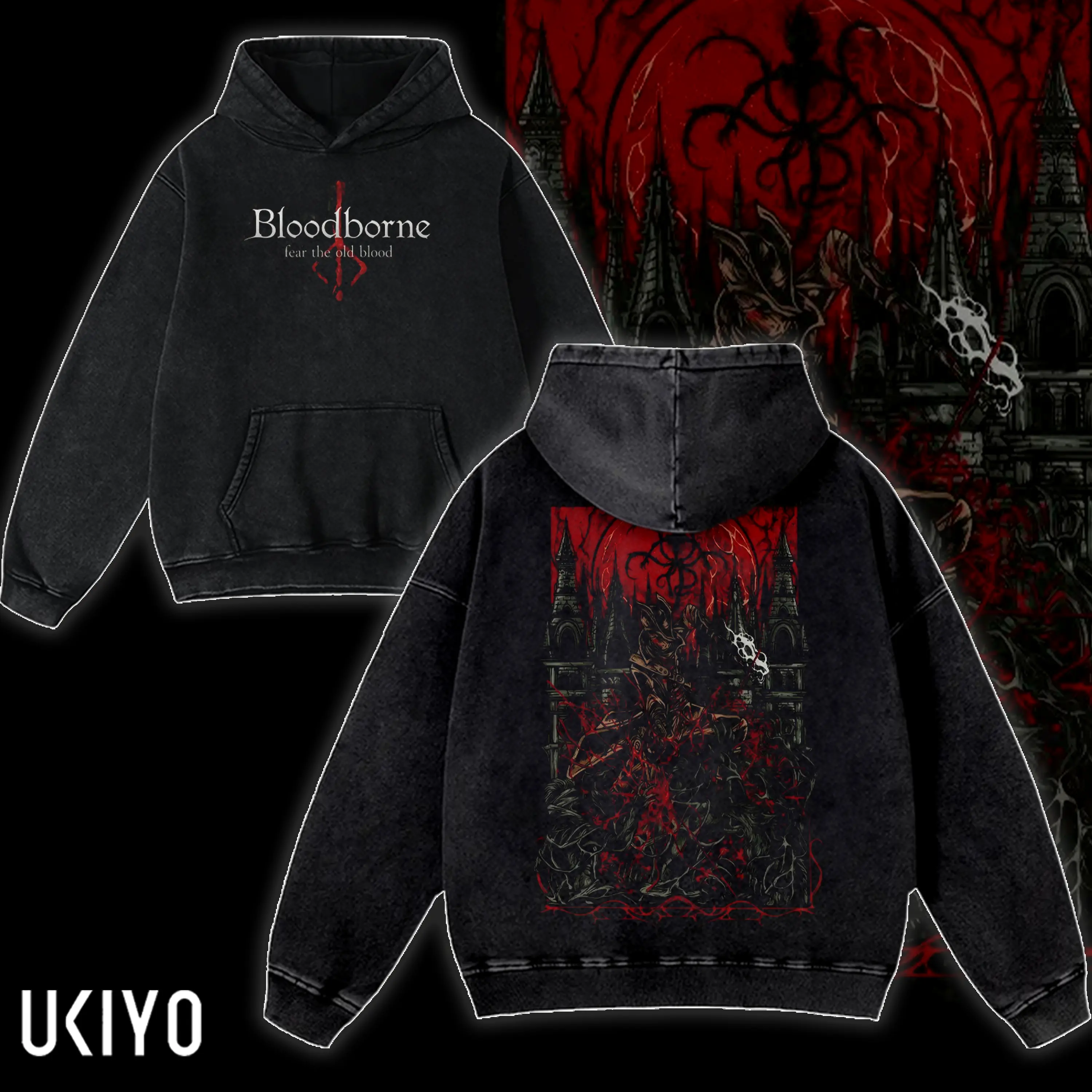 Bloodborne Hoodie Vintage Acid Wash Heavyweight Cotton Oversized Graphic Hooded Sweatshirt Hunter Yharnam Dark Souls Gaming Merch Streetwear Pullover Men Women